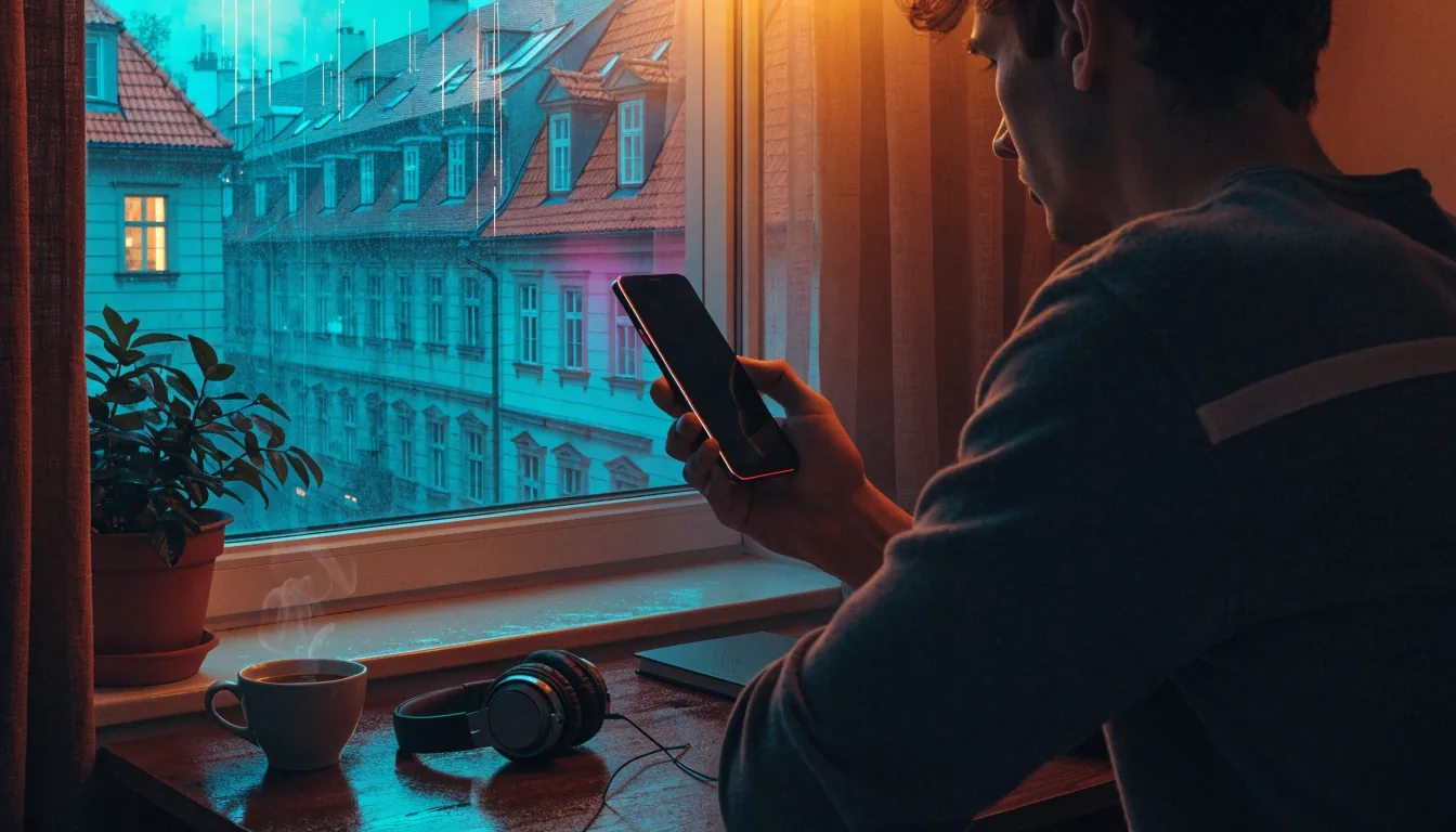 Mladý muž v pražském bytě drží telefon u stolu s kávou.