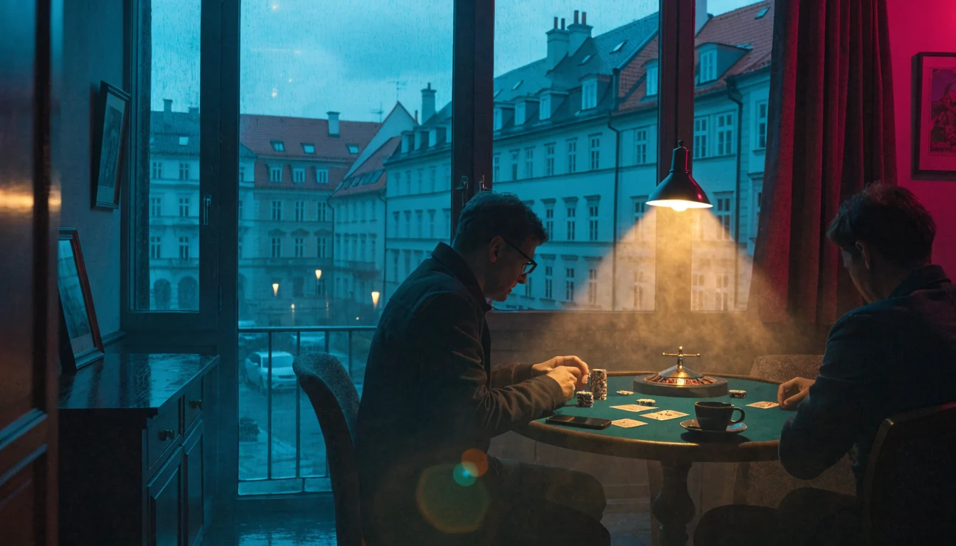 Útulný večerní pokoj s pokerovým stolem, žetony a telefonem na stole