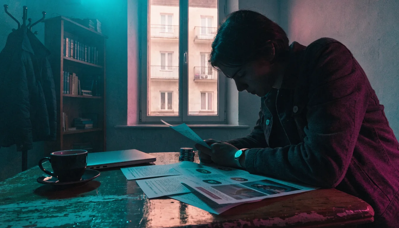 Mladý člověk u dřevěného stolu v českém bytě studuje rozložené brožury a dokumenty