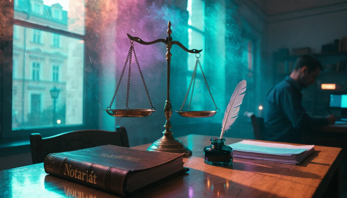 Pracovní stůl notáře s úřední knihou a dokumenty